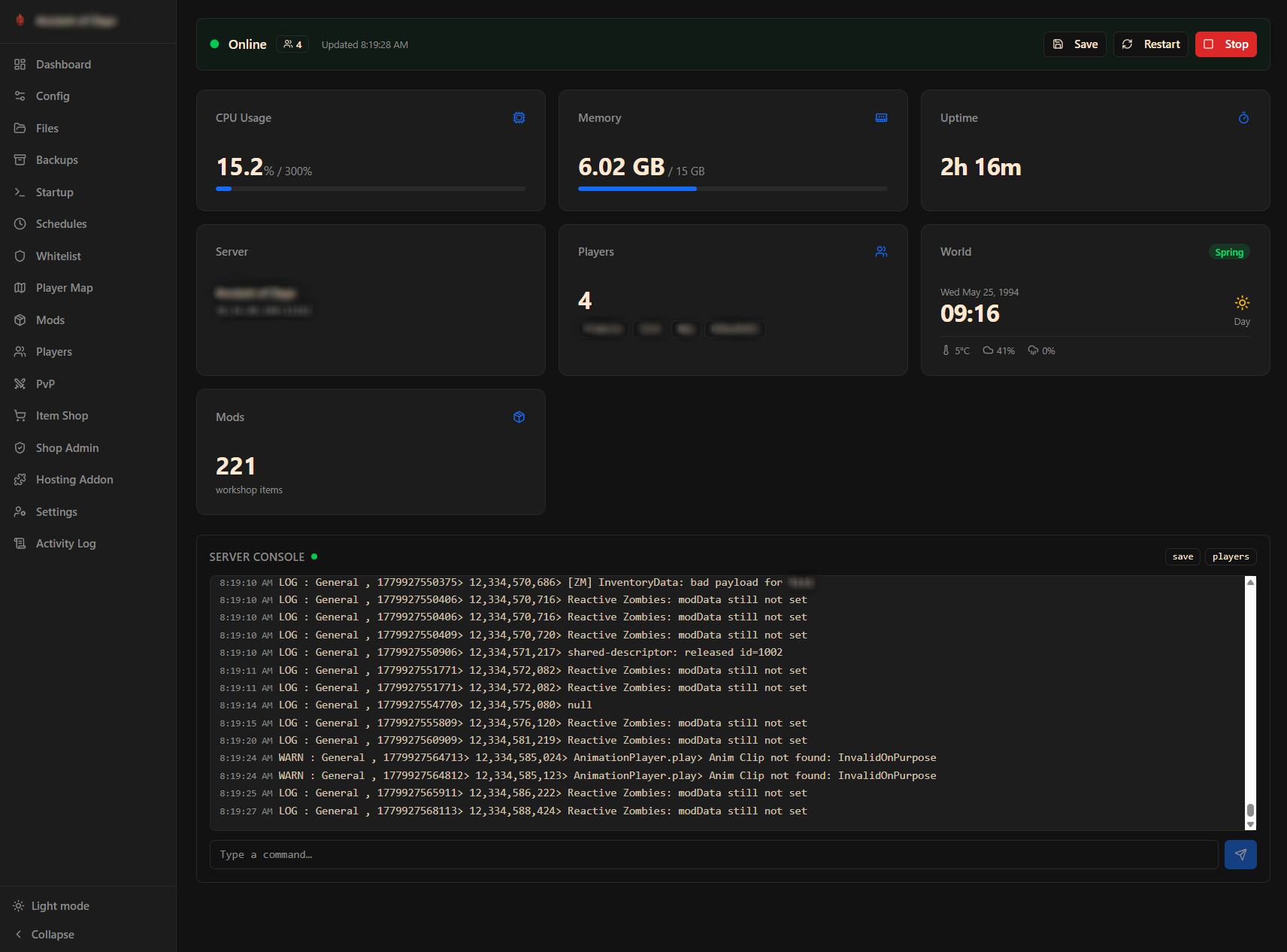Scourge Panel V2 dashboard - Project Zomboid server hosting Philippines