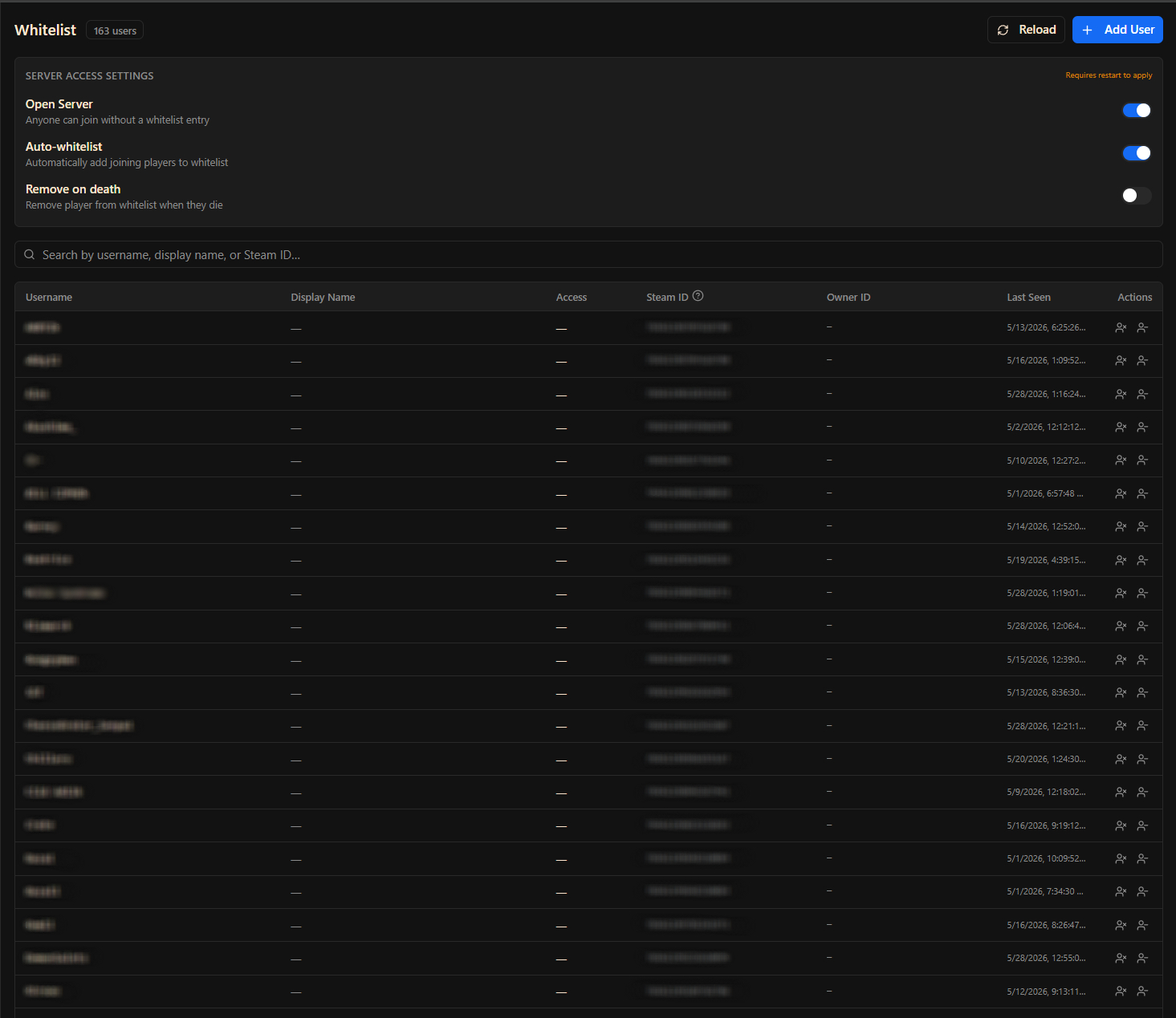 Whitelist management for Project Zomboid server